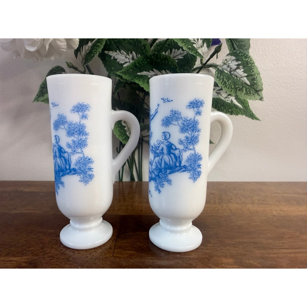 Vintage Avon Milk Glass Blue‎ Toile Mug Set Pedestal Coffee Cups French Country